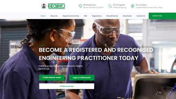 Screenshot of Council for the Regulation of Engineering in Nigeria's website